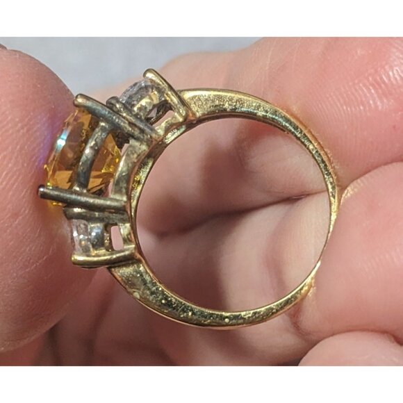 Brilliant Three Stone Sterling Silver Gold Tone Plated Engagement Ring Size 7 - Picture 15 of 16